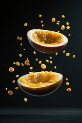 Poster - A floating passion fruit split in half, showcasing its juicy interior and seeds.
