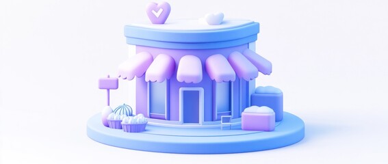 Poster - A pastel-colored cartoon bakery with cupcakes and gifts, evoking a whimsical atmosphere.