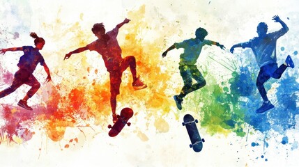 Aufkleber - Colorful silhouettes of skateboarders performing tricks against a vibrant splash background.