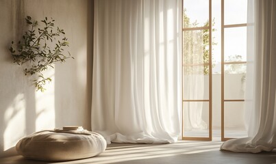 Wall Mural - A serene, sunlit room with soft curtains and a cozy seating area.