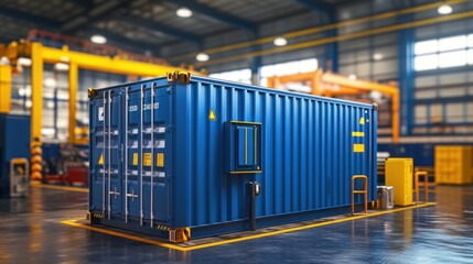 Poster - A blue industrial container in a warehouse setting, used for storage and logistics.