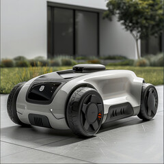 Poster - The Smart Mowing Robot is extremely minimalist, the product is silver-grey in color and metallic, with a four-wheel drive mode and elements of conceptual power tools.