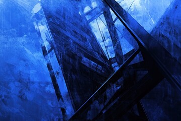 Poster - Abstract depiction of a blue-toned architectural structure with geometric lines and angles.