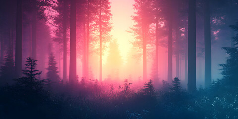 Wall Mural - Enchanted Forest, Pink and Blue Hues at Dawn, Magical Atmosphere, Mystical Woods, Dreamlike Scenery, Digital Art, Fantasy Landscape