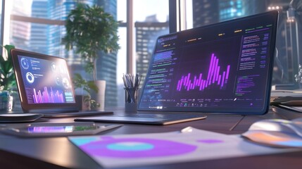 Poster - A modern workspace featuring digital devices displaying data analytics and graphs.