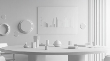 Aufkleber - A minimalist, monochromatic interior featuring geometric shapes and a wall art piece.