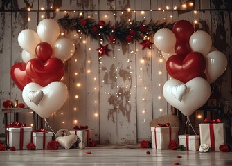 Poster - An elegant Valentine's Day backdrop with red and white heart-shaped balloons, glowing lights, and gift boxes, creating a romantic atmosphere for the special day.