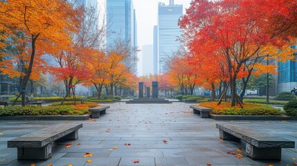 Poster - A serene urban park with vibrant autumn foliage and modern buildings in the background.