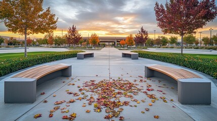 Poster - A serene park scene with benches and autumn leaves under a colorful sunset.