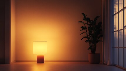 Poster - A warm-lit corner featuring a lamp and a potted plant in a cozy space.