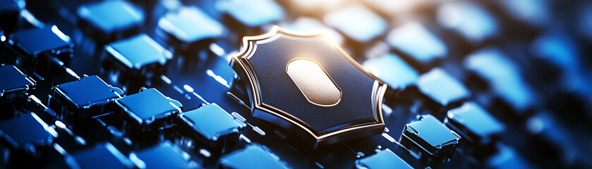 Close-up of shiny shield emblem on keyboard, symbolizing digital security and protection.