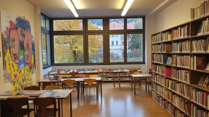 Aufkleber - A cozy library space with bookshelves, tables, and large windows showcasing autumn scenery.