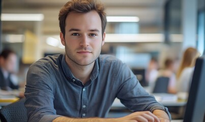 Poster - A young man sitting at a desk in a modern office environment.