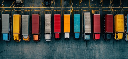 Aufkleber - Aerial view of parked trucks in various colors at a loading area.
