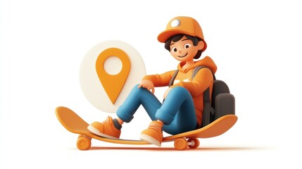 Poster - A cartoon boy on a skateboard with a location pin icon, conveying a sense of adventure.