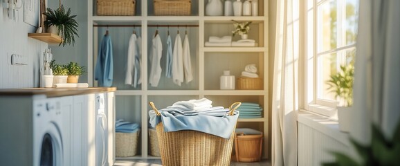 Poster - Bright laundry room with baskets, shelves, and natural light.