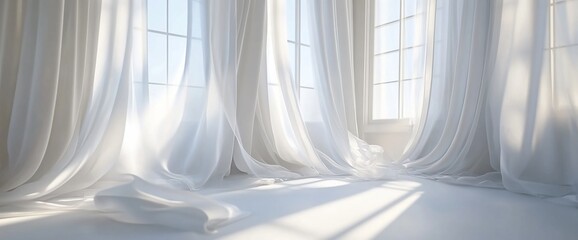 Wall Mural - Bright, airy room with flowing white curtains and natural light.