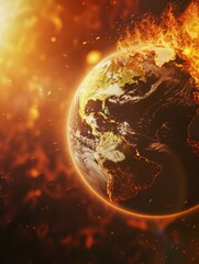 Wall Mural - planet is on fire with a bright orange sun in the background. the fire is so intense that it is melt