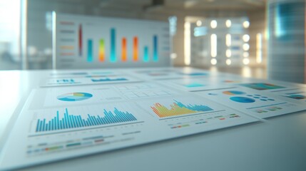 Aufkleber - A collection of analytical reports featuring various graphs and charts on a table.