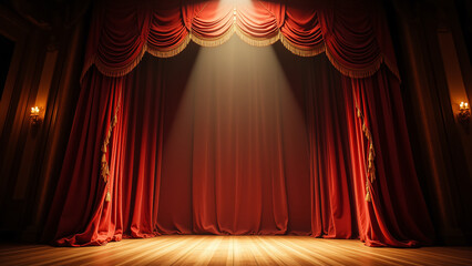 Poster - A dramatic theater stage with rich red curtains and a spotlight illuminating the center, creating an inviting atmosphere for performances and artistic expression for culture & religion.