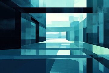 Poster - Abstract representation of a geometric space with layered transparency and blue tones.