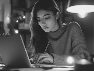 Wall Mural - Woman is sitting at a desk with a laptop and a pen. She is writing something on the laptop