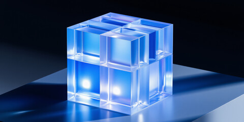 Poster - A transparent cube structure illuminated with blue light, showcasing modern design and artistic reflections on a sleek surface for graphic resources.