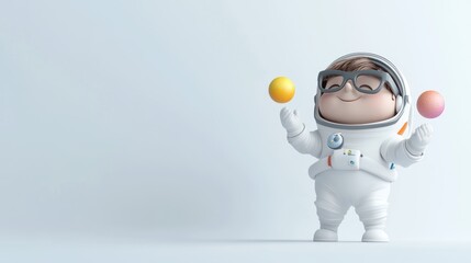 Poster - A cute character in a spacesuit juggling colorful balls, conveying playfulness and creativity.