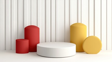 Leinwandbilder - A minimalistic arrangement of geometric shapes in red, yellow, and white against a textured background.