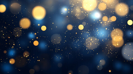 Poster - A close-up of a sparkling bokeh background with shimmering gold and blue lights, creating a festive and cheerful atmosphere for graphic resources.