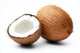 Close up shot coconut with coconut shell isolated on white background, Selective focus cut coconut with white edible part, Tropical fruit at the beach.