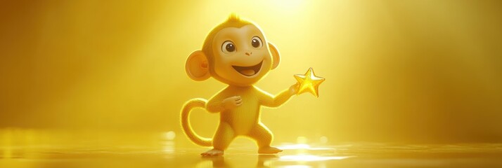Poster - A cheerful cartoon monkey holding a star, illuminated by a warm glow.