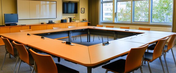 Poster - Conference room with a large table and chairs for meetings.