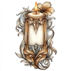 Wall Mural - Elegant Art Nouveau style candle, isolated on a white background, showcasing intricate designs and beauty.