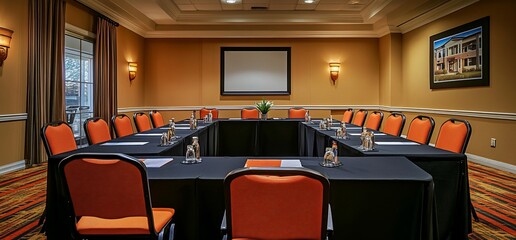 Poster - Conference room set up for meetings with orange and black decor.