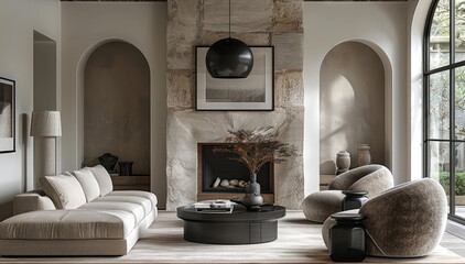 Poster - A bright moody traditional living room viewed from an arched hallway. A fireplace accent wall made of light grey natural stone tiles, black coffee table, black dome pendant light with brass interior.
