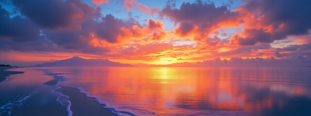 Poster - A panoramic view of a colorful sunset over a calm ocean, with reflections on the water and dramatic clouds creating a serene atmosphere for landscapes.