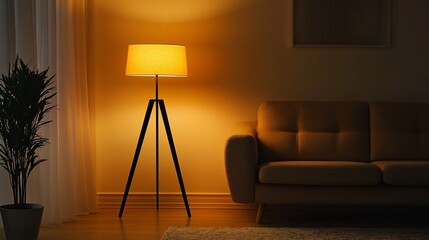 Poster - Cozy living room with a warm lamp and a plant.