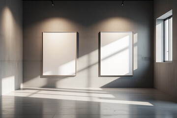 Poster - An empty art gallery space with two blank frames on the wall, illuminated by natural light streaming through the windows, emphasizing minimalism and simplicity for graphic resources.