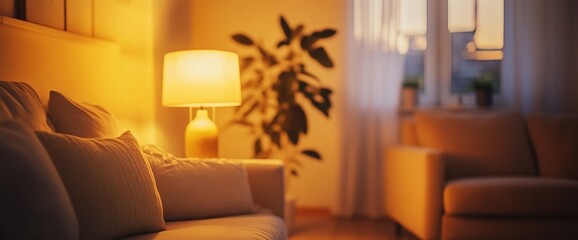 Poster - Cozy living room with warm lighting and a plant by the window.
