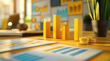 Aufkleber - A workspace with bar graphs, coins, and charts, symbolizing financial growth and analysis.