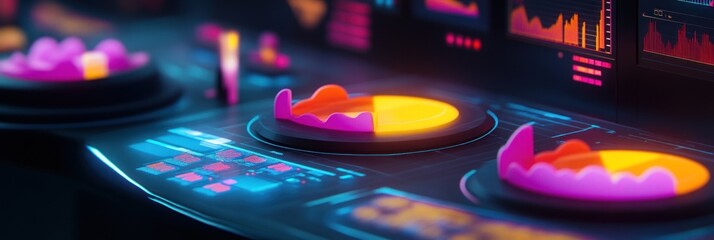 Fototapete - A futuristic control panel displaying colorful data visualizations and graphics.
