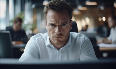 Poster - Focused man working intently at a computer in a modern office.