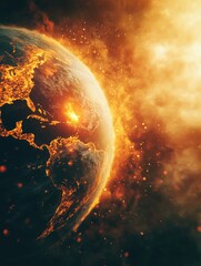 Wall Mural - planet is on fire and surrounded by a lot of smoke. the planet is in the center of the image and the