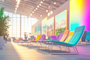 Poster - A vibrant gallery space with colorful chairs and artwork, inviting relaxation and creativity.