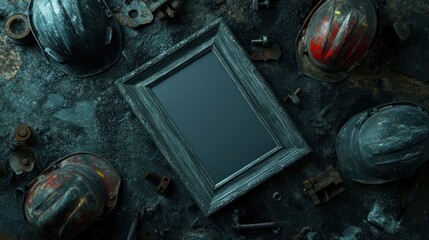 Poster - A blank frame surrounded by construction helmets and metal scraps, suggesting a theme of work.