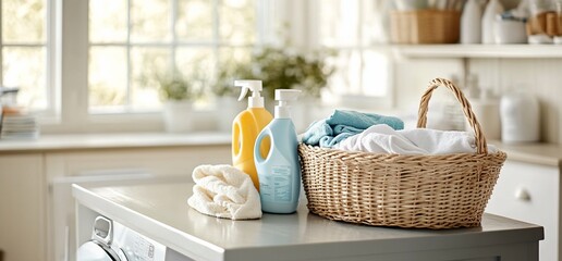 Poster - Laundry supplies arranged on a countertop in a bright room.