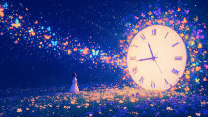 Poster - An imaginative illustration depicting a woman standing in a vibrant field filled with butterflies, near a large clock surrounded by a magical atmosphere for culture & religion.