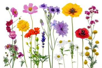 Wall Mural - Bouquet of flowers with a variety of colors including yellow, pink, and purple. The flowers are arranged in a row, with some overlapping each other. Scene is cheerful and vibrant