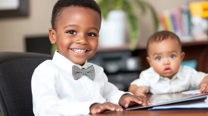 Aufkleber - Two children smiling at a desk, one in a bow tie, with a tablet in front of them.